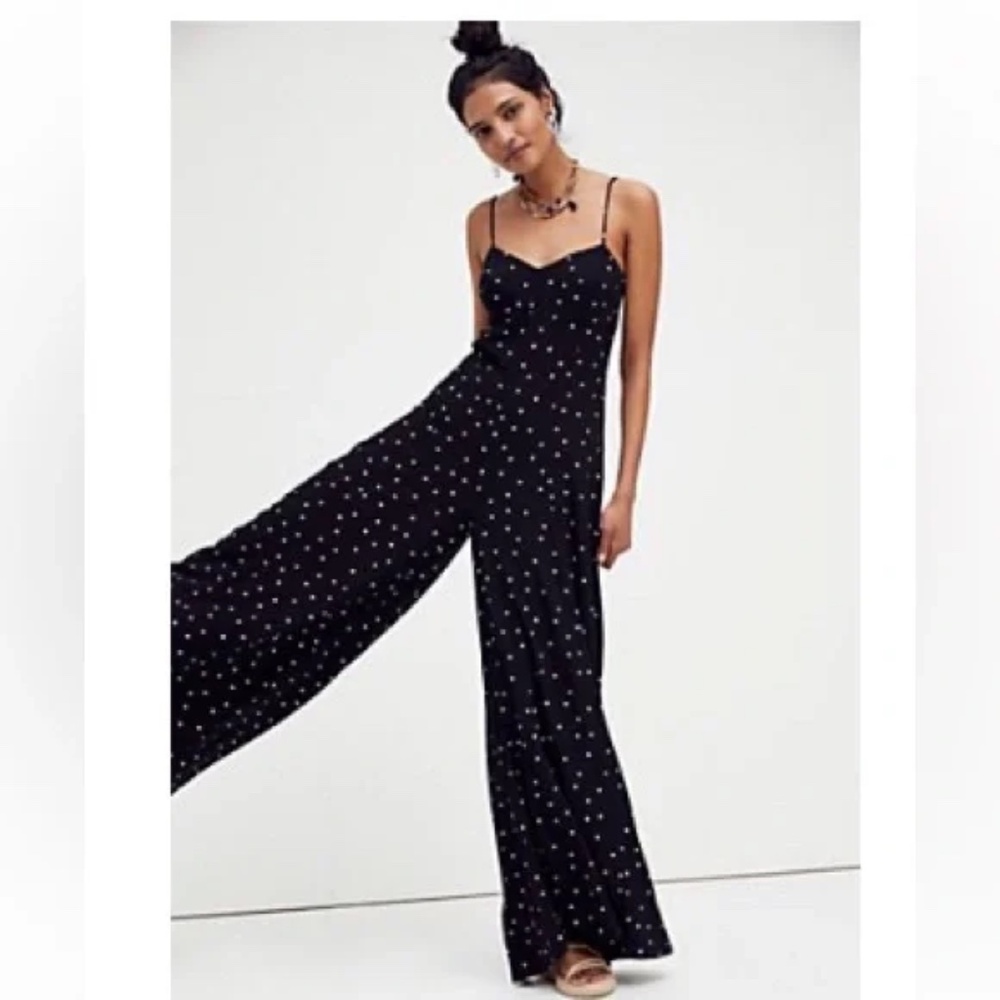 Free People Summer Jamboree Wide Leg Cami Jumpsuit in Black Polka Dot